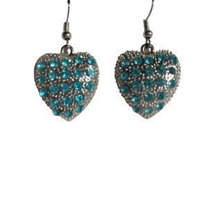 Vintage Silver-toned drop heart earrings with blue gems- OS
